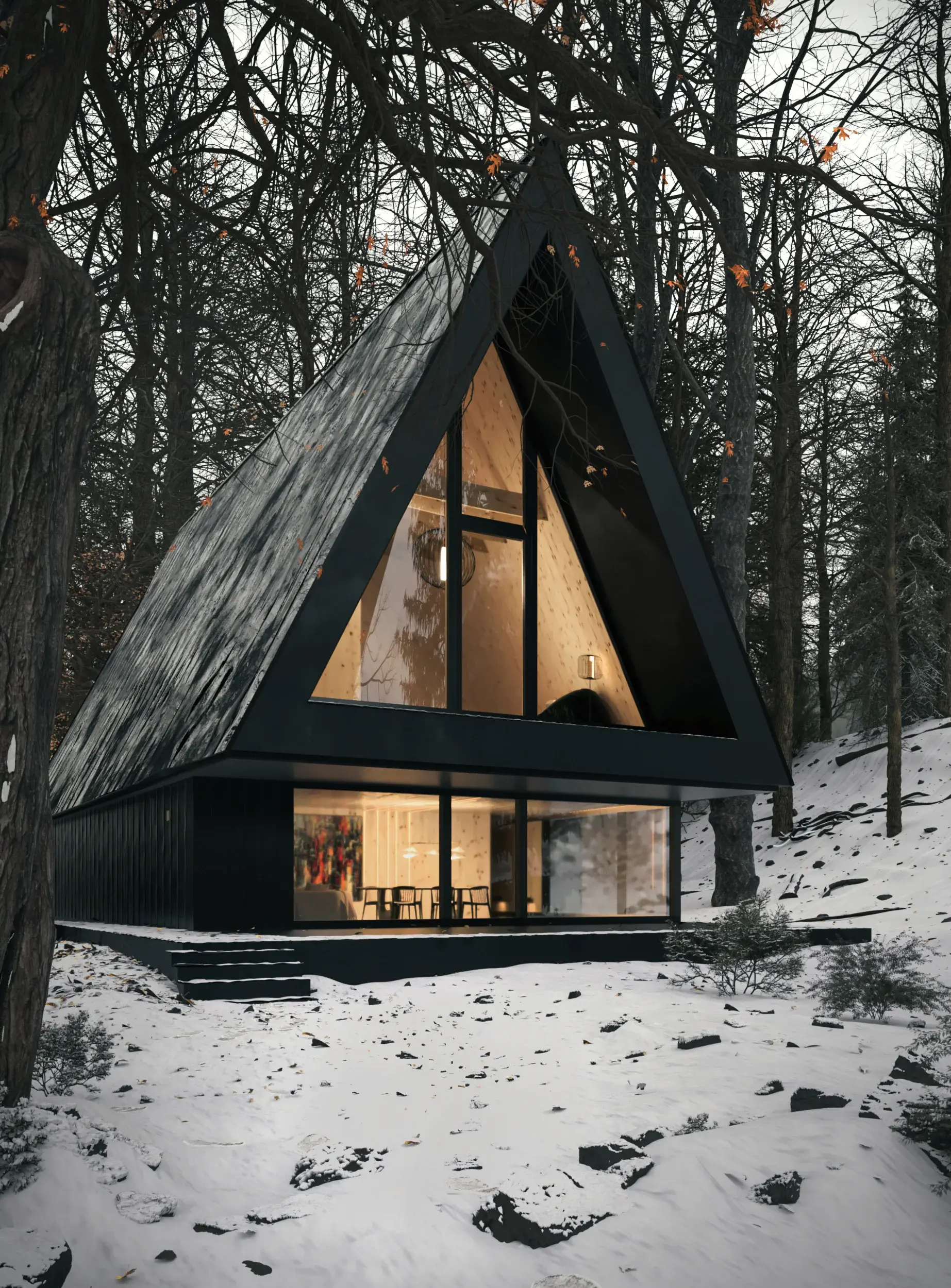 Architektonická vizualizácia A-frame chaty v zimnej krajine