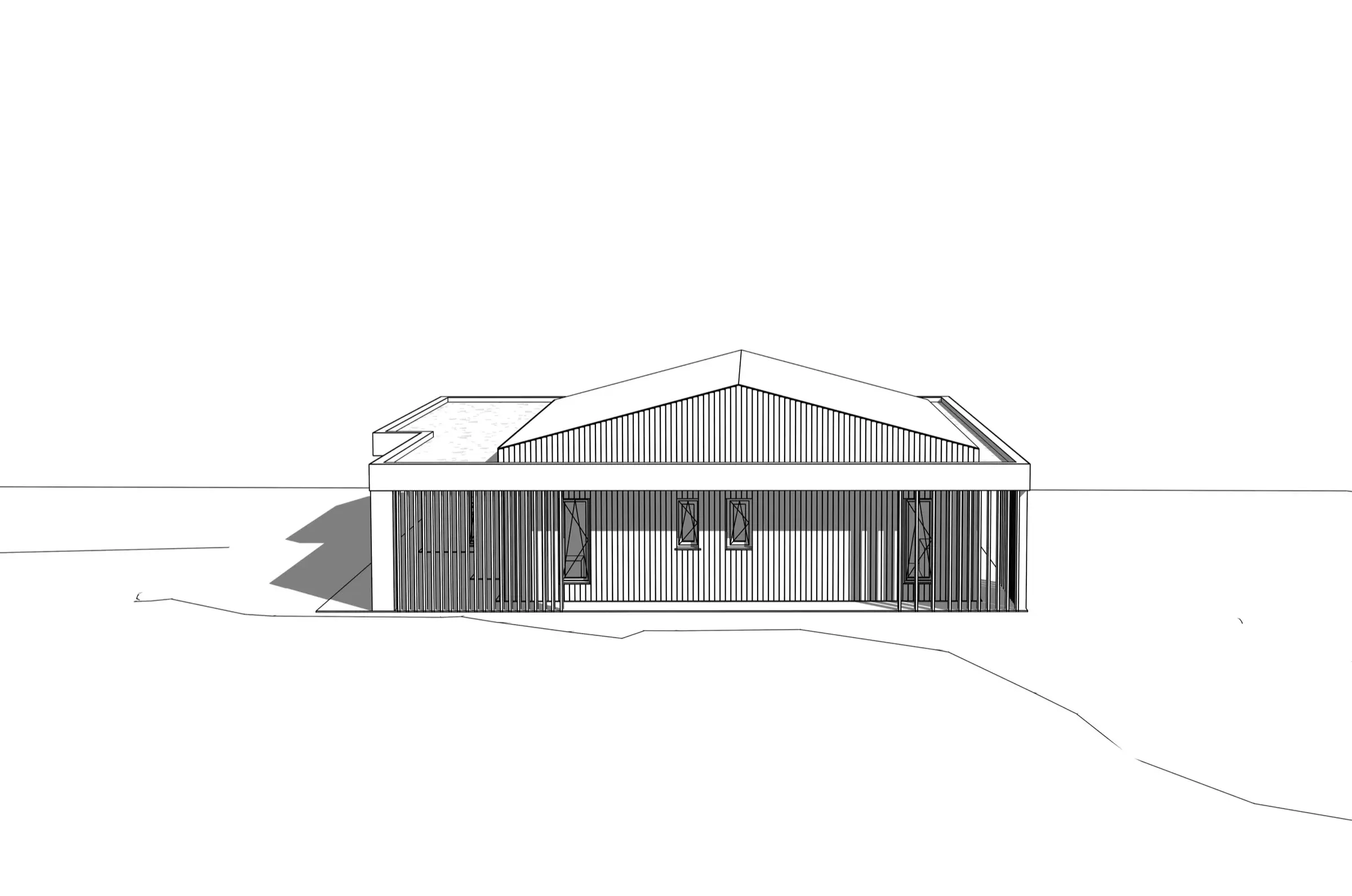 Čiernobiela architektonická štúdia zadnej fasády rodinného domu Horné Hámre