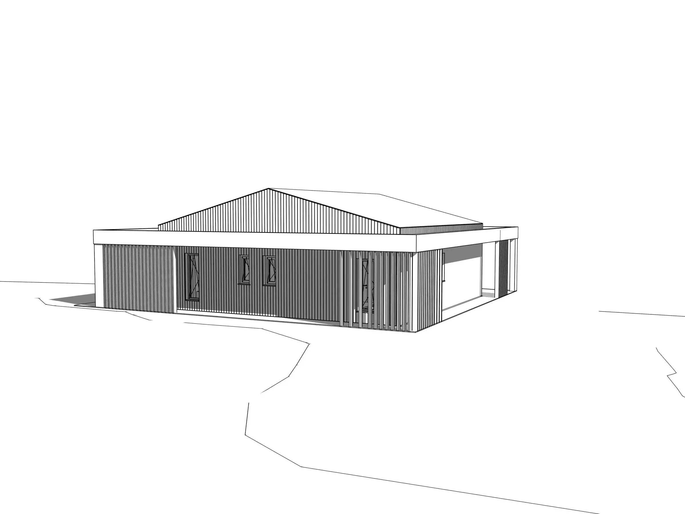 Čiernobiela architektonická štúdia bočnej fasády rodinného domu Horné Hámre